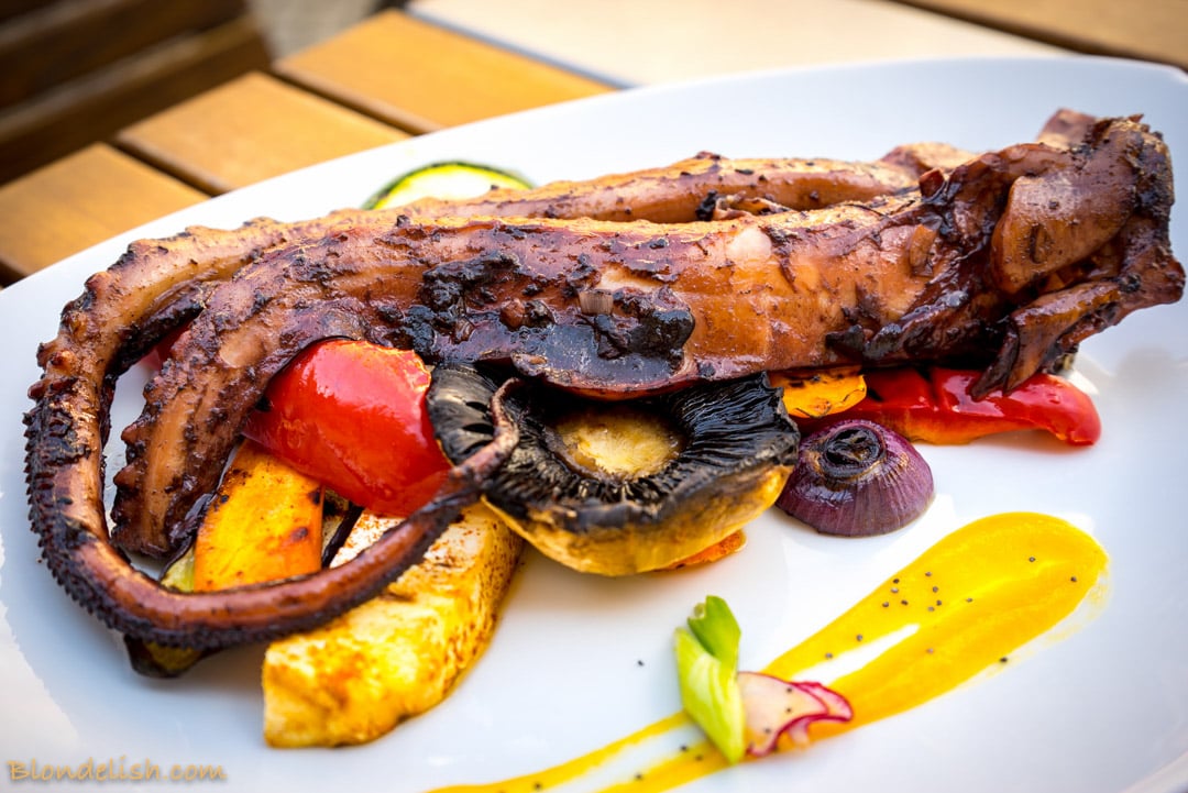 Grilled octopus with veggies, delicious food, food photography