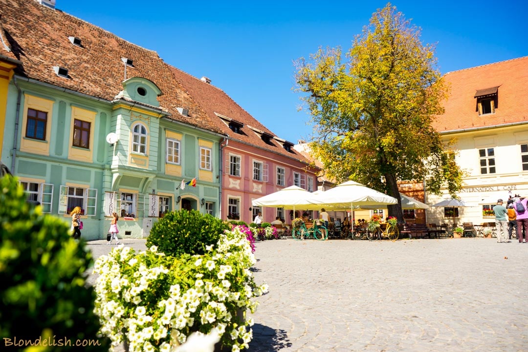 The main square of Sighisoara, in Transylvania, Romania