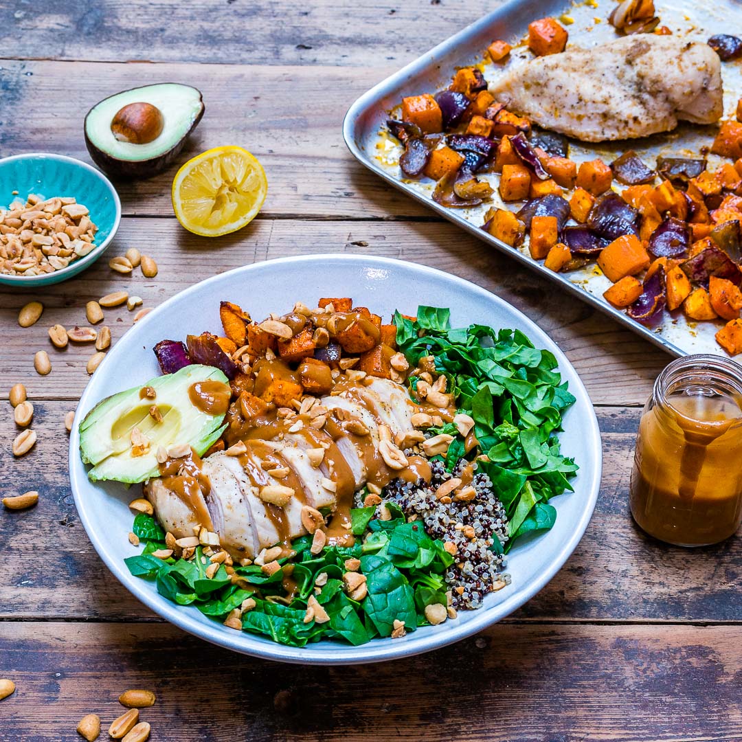 Healthy chicken salad recipe with quinoa and roasted veggies-2