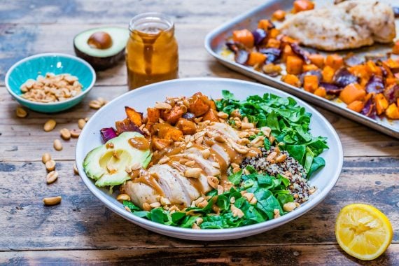 Healthy chicken salad recipe with quinoa and roasted veggies-8