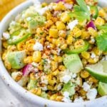 white bowl of mexican street corn salad