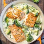 pot of creamy keto salmon with broccoli