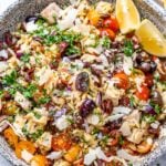 bowl of turkey orzo salad with lemon dressing